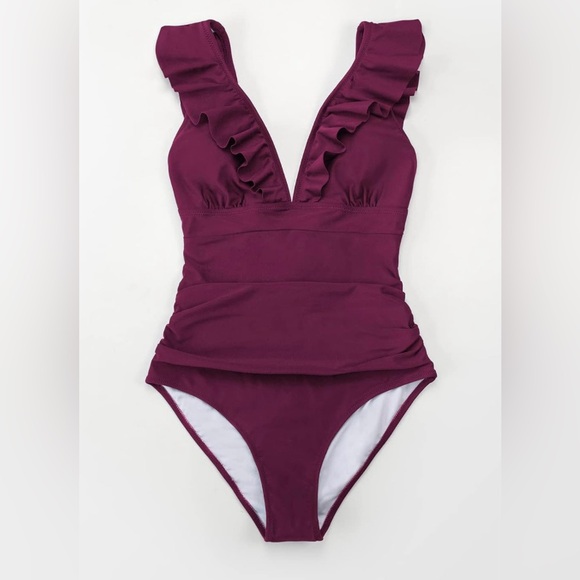CUPSHE Women's Ruffled One Piece Swimsuit V Neck Lace Up - Picture 3 of 5